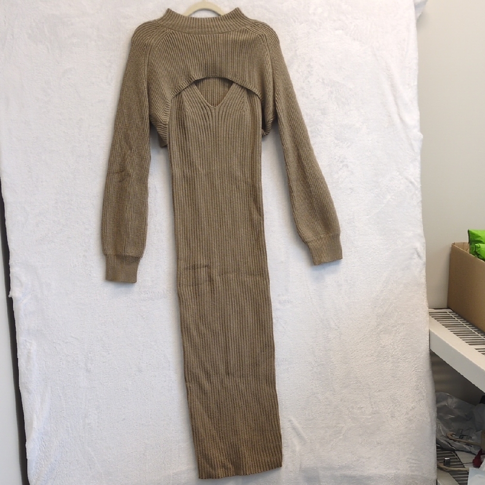 Umgee Women's Tan Ribbed Bodycon 2 Pc Long Sleeve Sweater Dress Size L